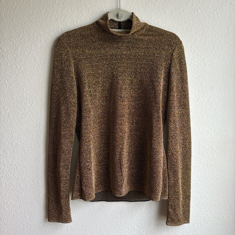 Vintage 90s Anna Sui Gold Shimmer Metallic Disco Whimsigoth Mock Neck Top Size M
